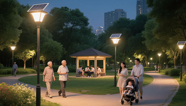 Solar-powered street lights brightening a park at night, enabling safe community gatherings and crime deterrence.