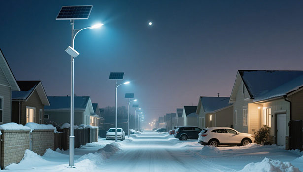 Solar street lights illuminating a snowy residential neighborhood at night, enhancing community safety and reducing crime risks.
