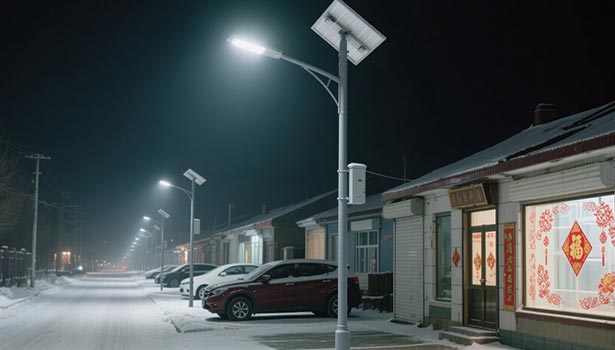 Solar street lights securing a rural shop street in winter, providing off-grid safety and crime prevention for local businesses.
