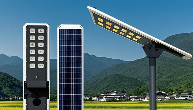 Solar street light products designed for construction projects, showcasing solar panels and LED modules in daylight.