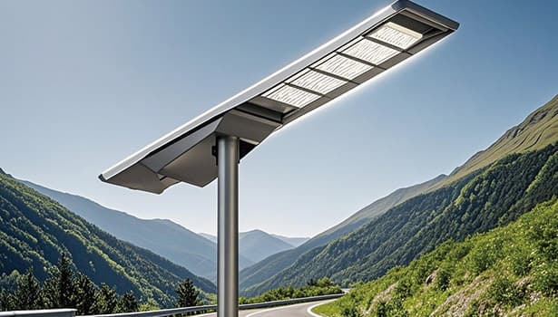Solar street light installed along a mountain road construction project, delivering eco-friendly illumination for remote areas.