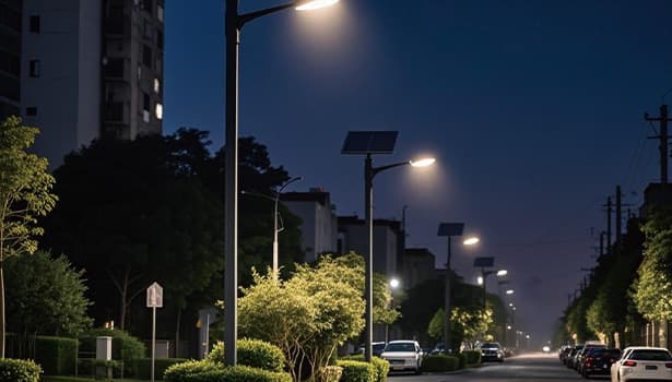 Solar street lights installed in an urban street construction project, enhancing nighttime visibility and safety.