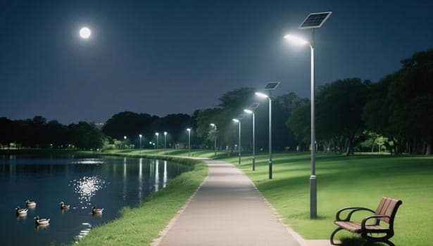 Solar-powered street lights brightening a park pathway beside a lake at night, enhancing safety and scenic beauty.