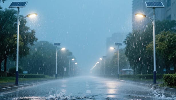 Solar street lights working in rainy weather, illustrating precautions for waterproofing and post-rain inspections during summer.