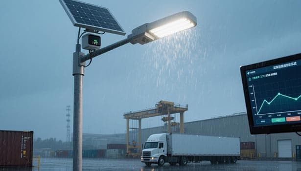 Nokin solar-powered dusk-to-dawn street light operating in a rainy industrial port, showcasing waterproof design and real-time performance monitoring.
