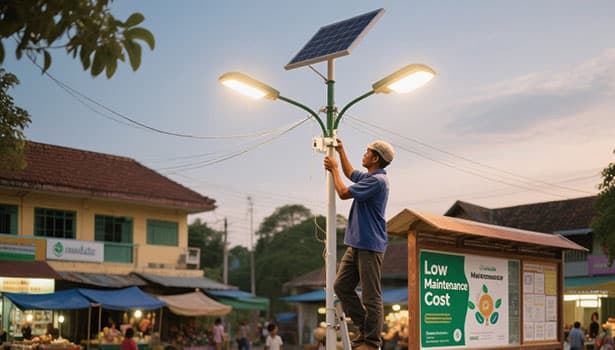 Worker installing a Nokin solar-powered dusk-to-dawn street light in a community market, highlighting low maintenance costs.