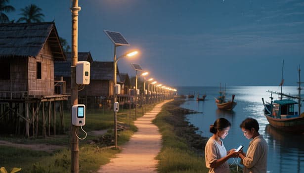 Solar-powered dusk-to-dawn street lights illuminate a rural fishing village at night, with users accessing smart control via a mobile device.