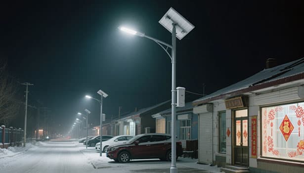 Solar street light illuminating a snowy rural community at night, showcasing cold-climate performance.