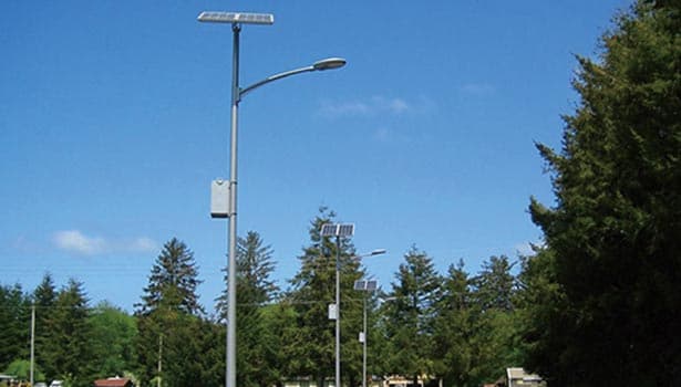 Solar street light with separate solar panel and battery box in a wooded area