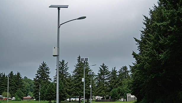 Row of solar street lights in forested area - Nokin Solar Technology