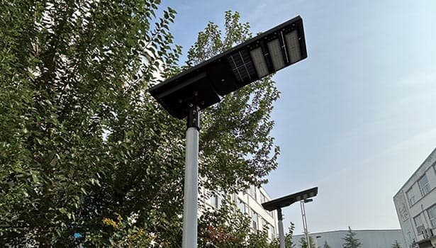 Close-up of solar street light panel in a garden with tree shade