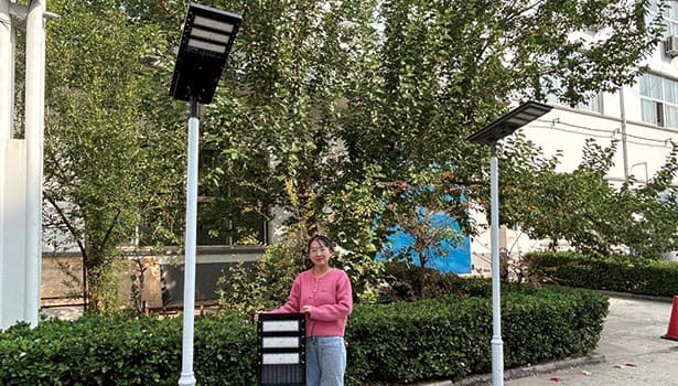 Woman demonstrating solar street light functionality in a shaded environment