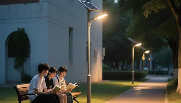 Students reading under solar street lights on campus pathway