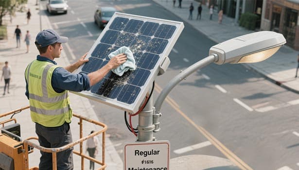 Worker performing regular maintenance by cleaning solar street light panel