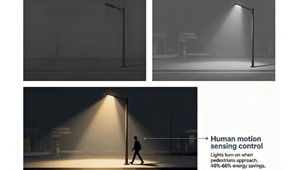 Human motion sensing control of solar street light – lights turn on when pedestrians approach, achieving 40%-60% energy savings.