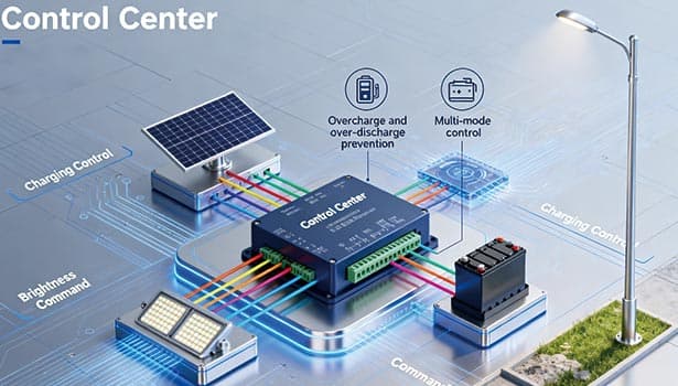 Solar street light control center connected with solar panel, battery, LED light, showing charging control, overcharge & over-discharge prevention, and multi-mode control.