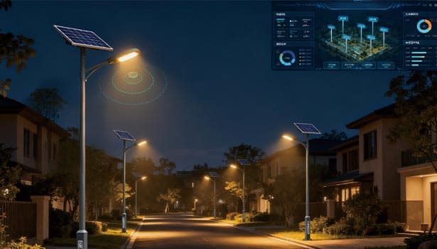 Intelligent solar street light system with smart control interface, optimizing illumination to minimize light pollution in a residential area.