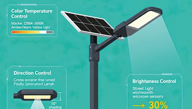 Diagram of solar street light design features: color temperature control (2200K-3000K amber light), direction control (full-cutoff fixture), and brightness control with motion sensors to reduce light pollution.