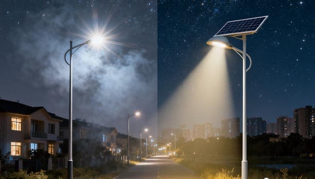 Comparison of traditional street light (with glare and light pollution) and solar street light (focused illumination to reduce light pollution) at night.