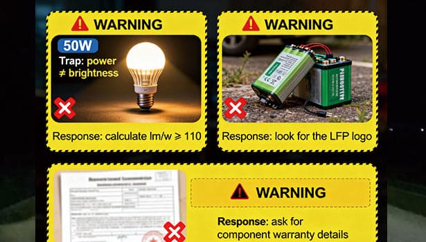 Warning signs of solar street light procurement traps (power vs brightness, battery type, warranty) and corresponding responses