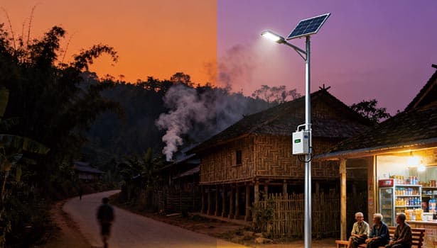 Solar street light illuminating rural village road at dusk