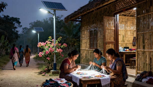 Women doing craftwork under solar street light in rural community