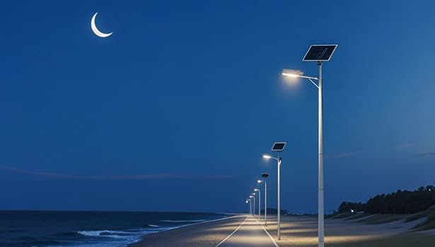 Solar street lights installed along seaside at night with crescent moon