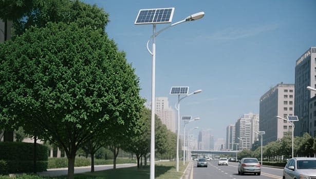 Solar street lights installed on urban road during daytime with trees and buildings