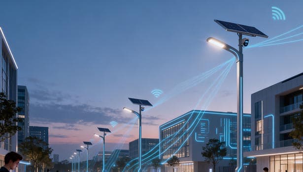 Solar street lights with smart connectivity in an urban cityscape