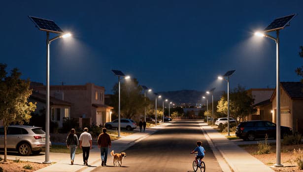 Solar street lights enhancing safety in a residential neighborhood at night