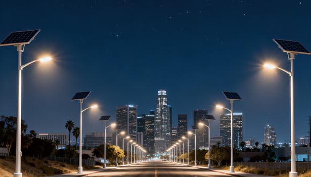 Solar street lights brightening an urban highway with city skyline in the background