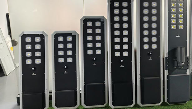 Various integrated solar street light product models on display  