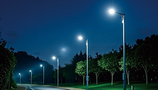 Solar street lights automatically lighting up a road at night