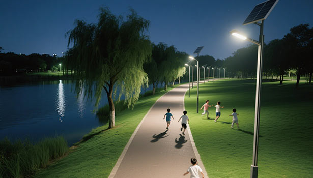 Solar street lights automatically on in a park while children play at night