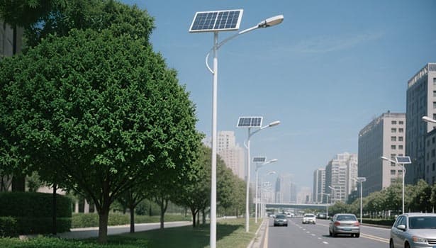 Solar street lights installed along a city road during daytime – NOKIN