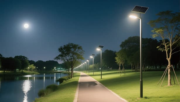 Solar street lights illuminating a park at night with moon reflection on the lake – NOKIN