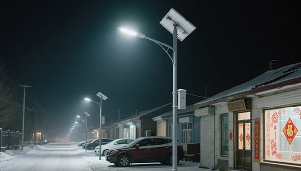 Solar street lights operating in a snowy residential neighborhood at night – NOKIN