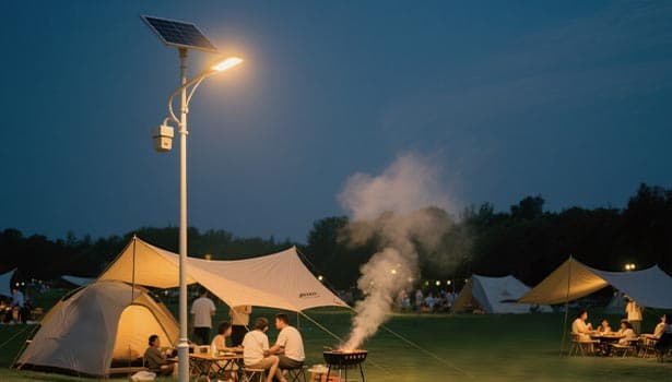 Solar street light illuminating a camping area at night during a group gathering (tents, barbecue) – highlighting reliable solar street light battery for outdoor events.
