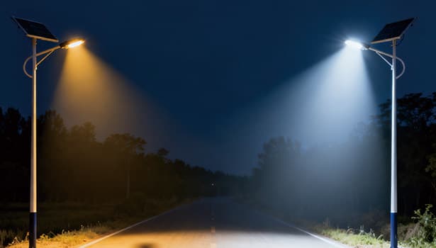 Solar street lights with different brightness levels illuminating a road at night – related to solar street light battery performance and replacement.