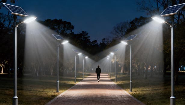 Solar street lights illuminating a park walkway at night as a pedestrian walks – demonstrating consistent solar street light battery performance for pathways.