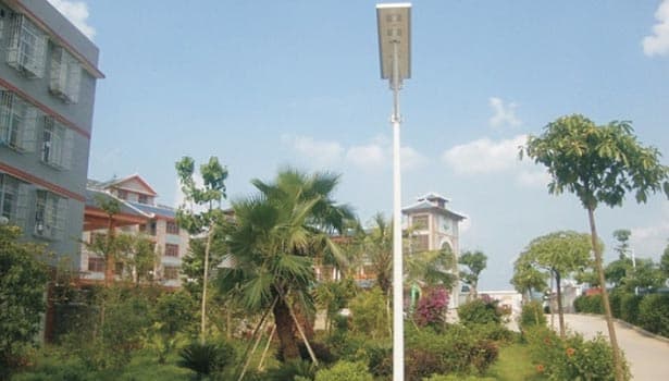 Solar street light in a landscaped residential community with gardens and buildings, supporting eco-friendly neighborhood infrastructure.