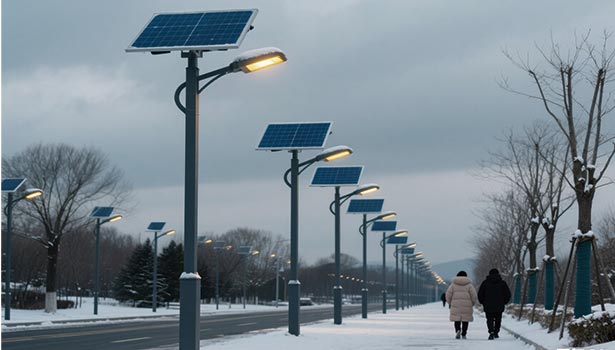 Solar street lights lighting up a snowy pathway in cold weather, ensuring pedestrian safety