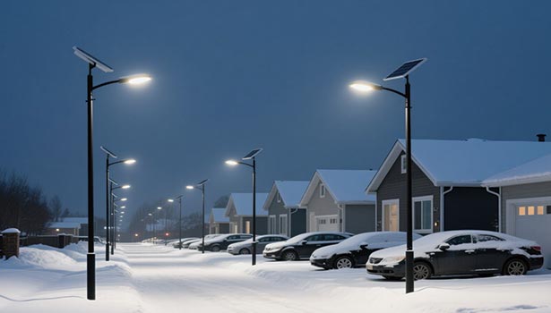 Solar street lights brightening a snowy residential neighborhood at night in cold weather