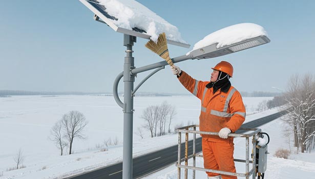 Worker cleaning snow off solar street light panel in cold weather to ensure functionality