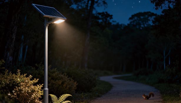 Eco-friendly solar street light illuminating forest trail at night, wildlife-friendly lighting for natural areas