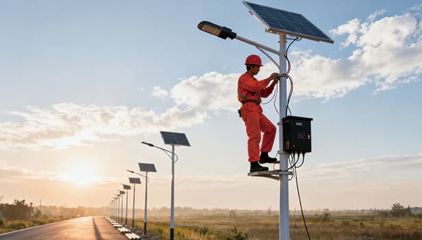 Worker installing solar street light wiring for outdoor road lighting system, ensuring correct connections and safety.