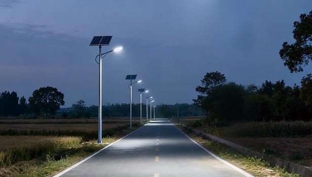 Row of solar street lights lighting up an empty rural road at night, surrounded by farmland and trees.