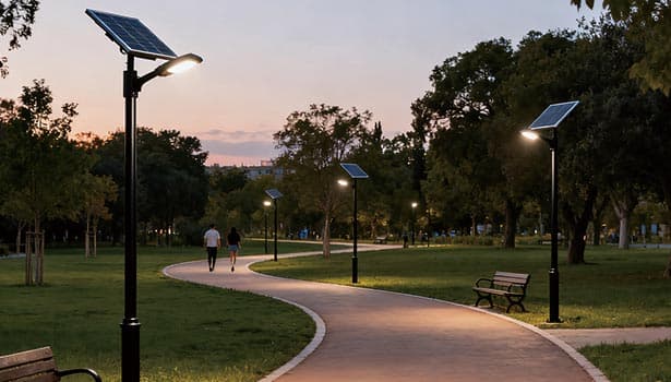 Solar street lights illuminating a curved walking path in a park at dusk, with pedestrians and benches visible.