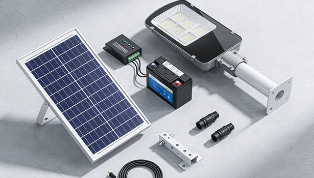 Core components of grid-tied solar street light system (solar panel, controller, LED light) for municipal road retrofit 