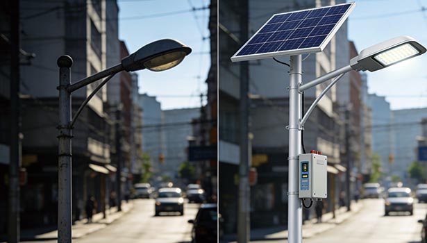 Solar-retrofitted existing street light operating normally during continuous rainy weather with high-capacity battery